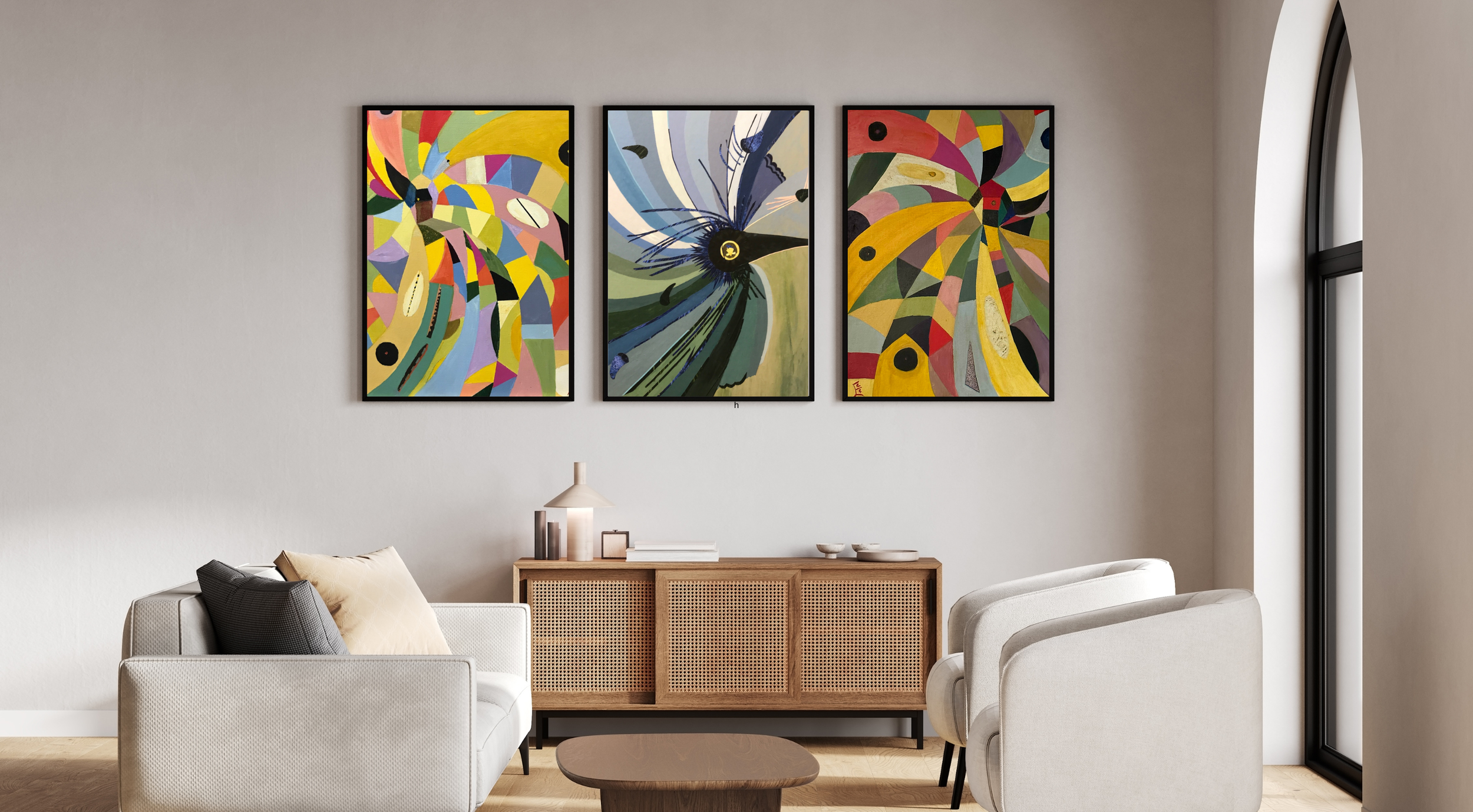 Catherine Engelmeyer Art abstract triptych visualization in living room