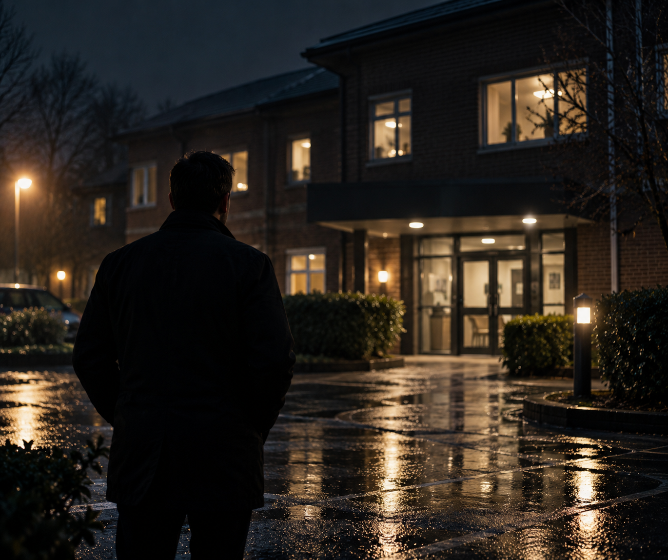 A man standing outside a well-lit building at night, wet pavement reflecting lights, with trees and parked cars nearby.