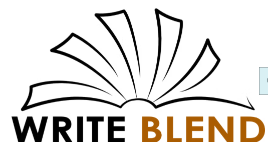 Logo with a stylized open book and the words 'WRITE BLEND' underneath, with 'WRITE' in black and 'BLEND' in brown.