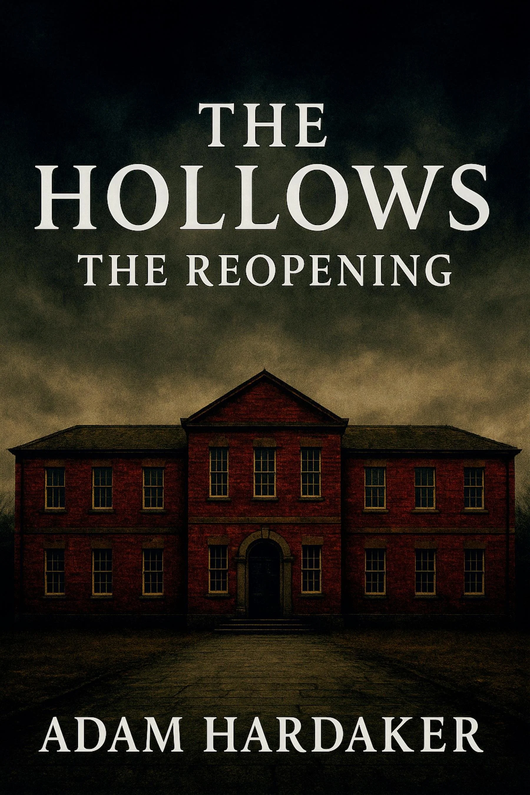 A dark, moody image of a brick building with multiple windows and a central archway, under a cloudy sky. The book title 'The Hollows: The Reaping' and the author's name 'Adam Hardaker' are overlaid on the image.