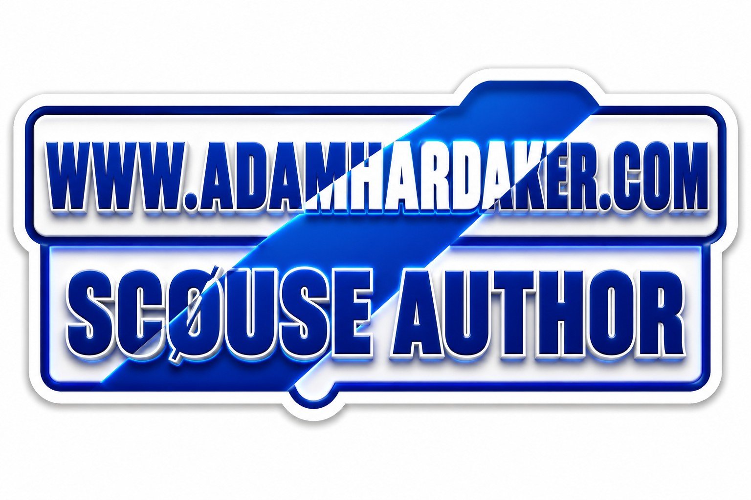 Blue and white sign with the URL www.adamhardaker.com and the text 'Scouse Author'.