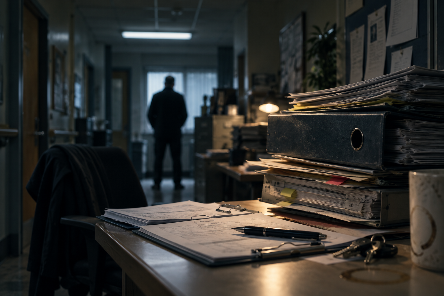 An office desk with numerous stacked papers, binders, and office supplies illuminated by a warm desk lamp. In the background, a silhouette of a person in a suit stands facing a window in a dimly lit room.