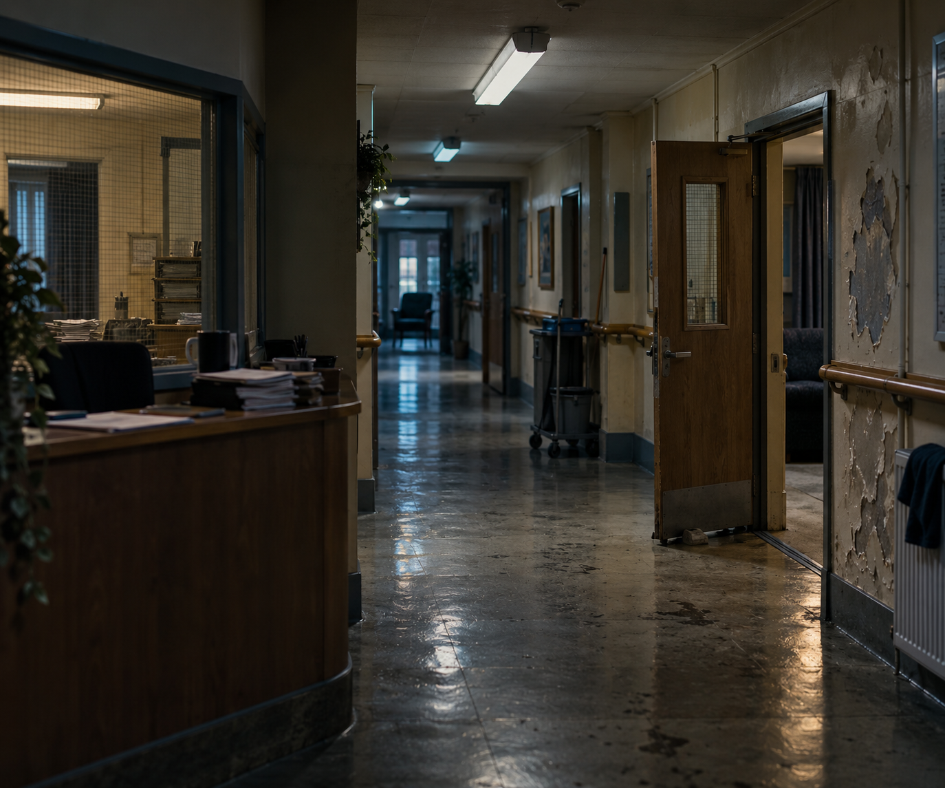 Empty hallway in a building with open doorways, peeling wall paint, dim lighting, and a cart in the hallway.