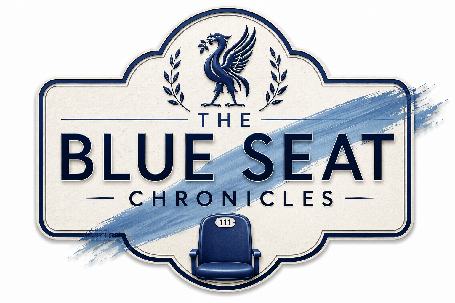 Logo for The Blue Seat Chronicles, featuring a blue chair with the number 111, a true coloured Liverbird at the top, and blue brush strokes across a white background.