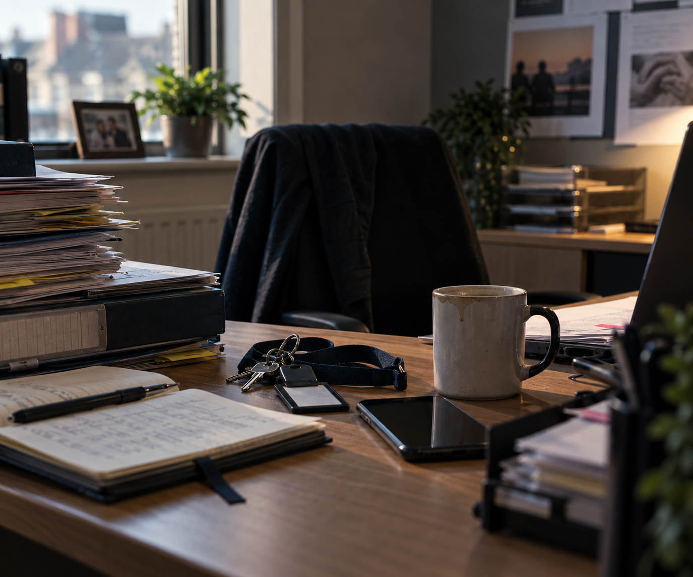 Office desk with stacks of papers, a notebook, a pen, keys, a smartphone, a coffee mug, a laptop, and a jacket on a chair, with a window, framed photos, books, plants, and posters in the background.