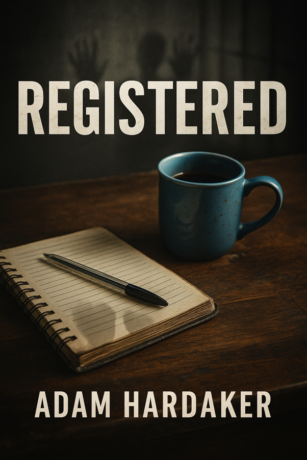 A book titled "REGISTERED" by Adam Hardaker on a wooden table with a pen and a blue mug of coffee. In the background, a shadow of a person with hands raised is visible on the wall.