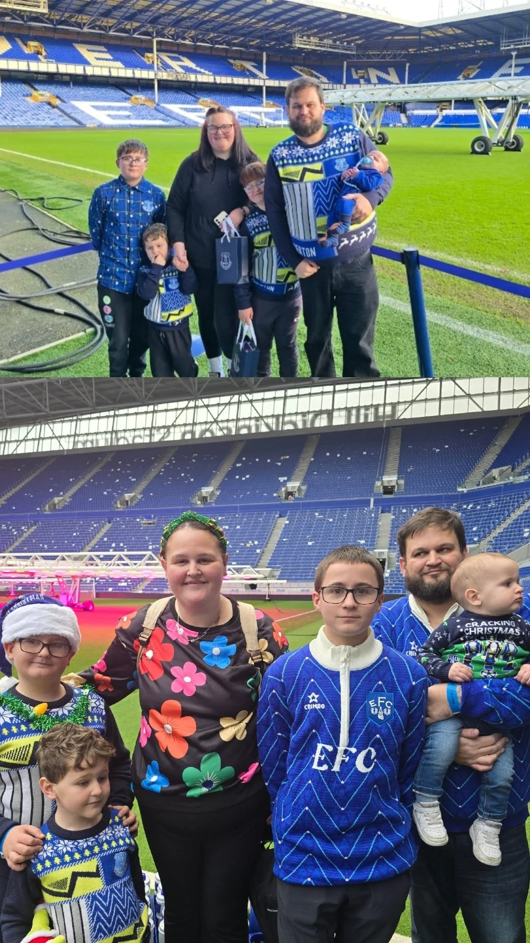 Family at a soccer stadium, wearing blue and Christmas-themed clothing, celebrating a festive event.