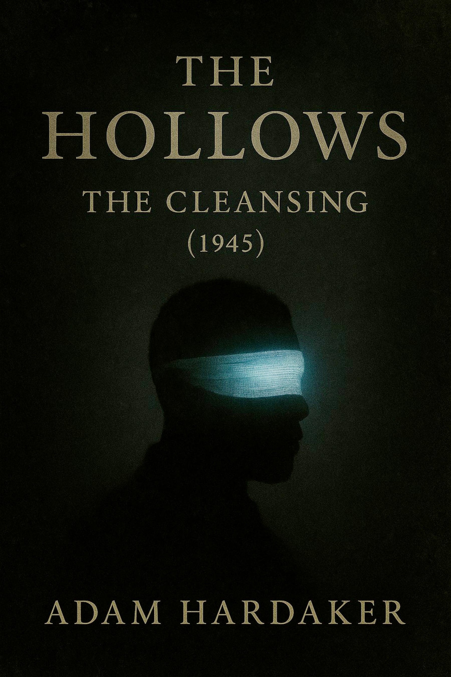 Book cover titled 'The Holows: The Cleansing' by Adam Hardaker, featuring a silhouetted profile of a human face against a dark background with a light shining behind the head.