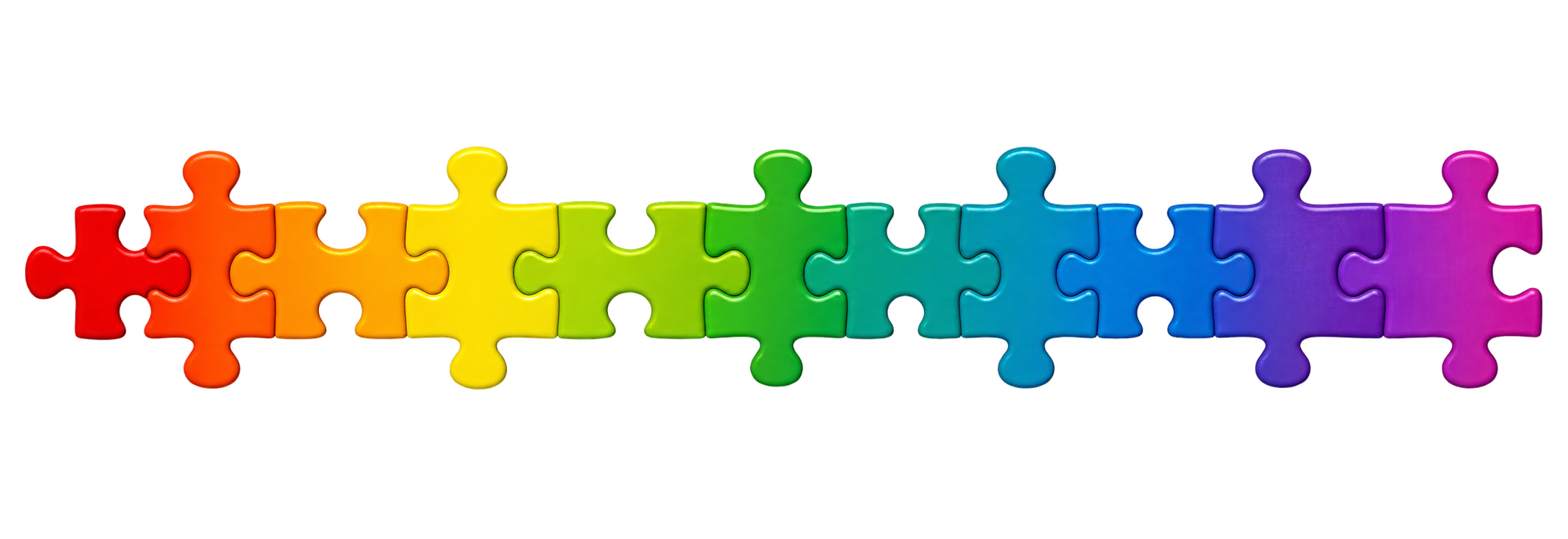 Colorful rainbow puzzle pieces arranged in a straight line from red to purple.
