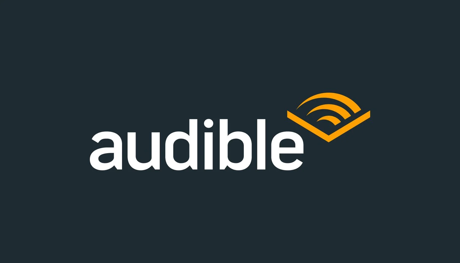 Logo of Audible featuring the word 'audible' in white lowercase letters and an orange icon resembling sound waves above a book, on a dark background.