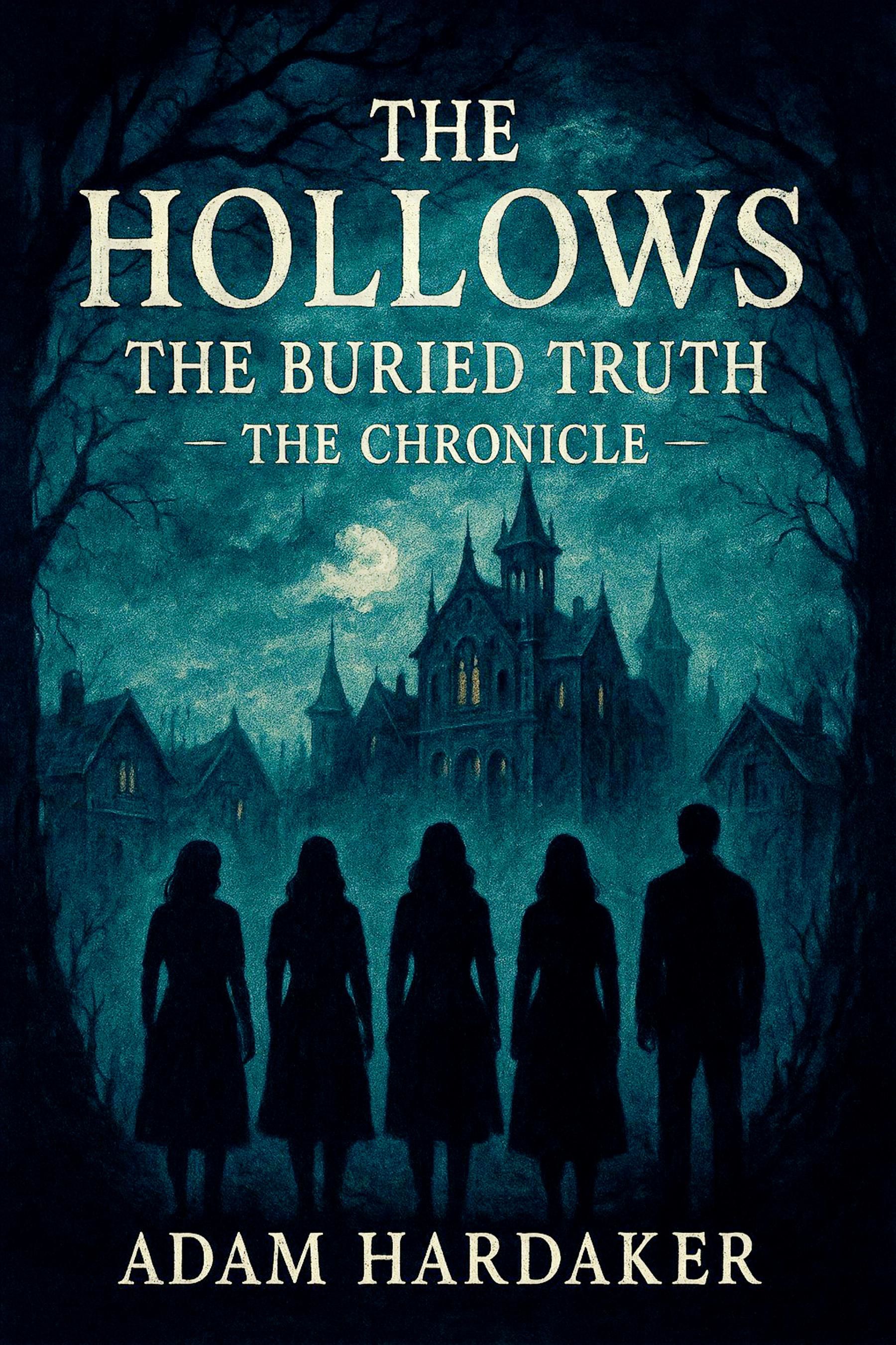 Book cover for 'The Hollows: The Buried Truth - The Chronicle' by Adam Hardaker, depicting silhouetted people in front of a haunted house and trees at night with a moon in the sky.