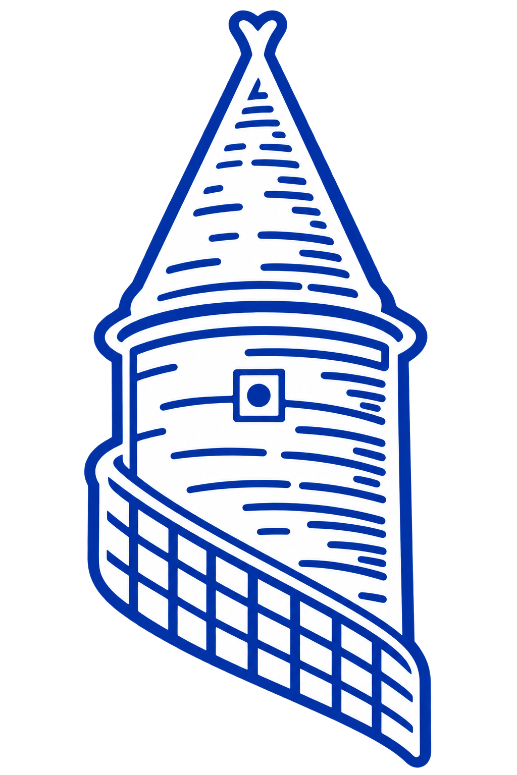 A stylized illustration of a lighthouse with a spiral staircase, featuring blue outlines and a white fill, set against a black background.