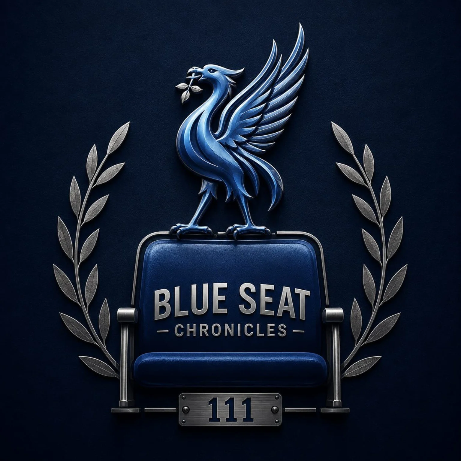 A metallic blue bird with wings spread, holding an olive branch in its beak, is centered above a blue sign that reads 'Blue Seat Chronicles.' The number 111 is displayed on a metallic plate below the sign, surrounded by metallic laurel branches against a dark background.