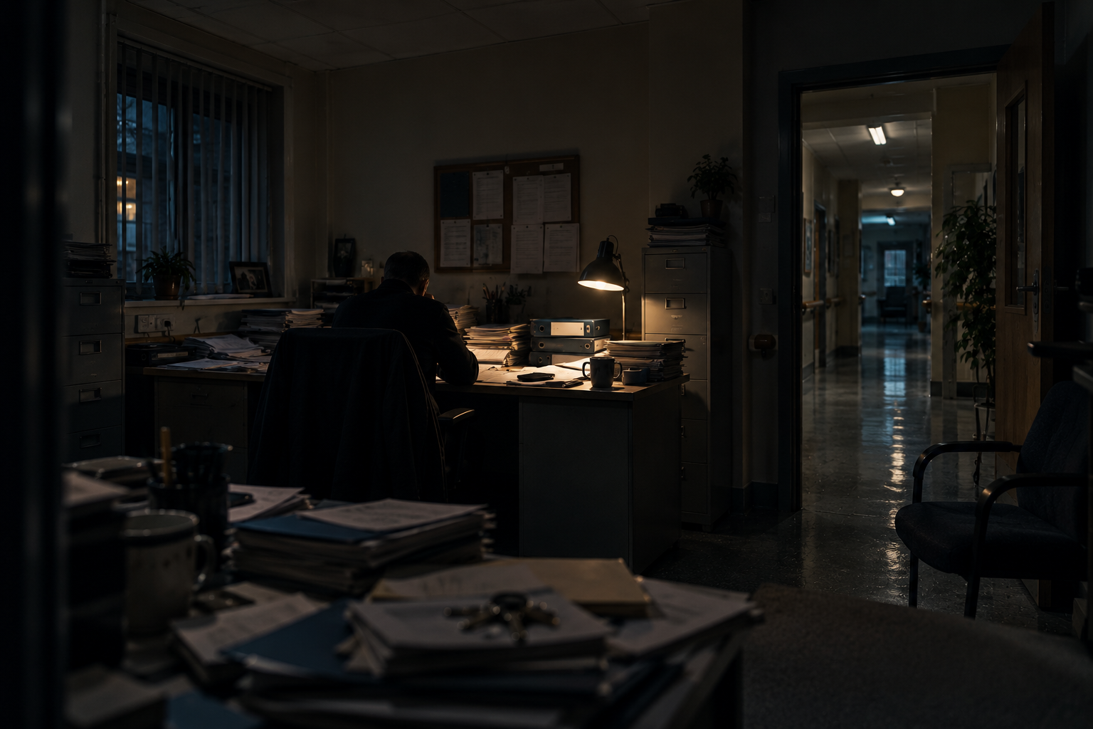 An office with a man sitting at his desk, illuminated by a desk lamp, surrounded by piles of papers, files, and office supplies, with a hallway visible through an open door.