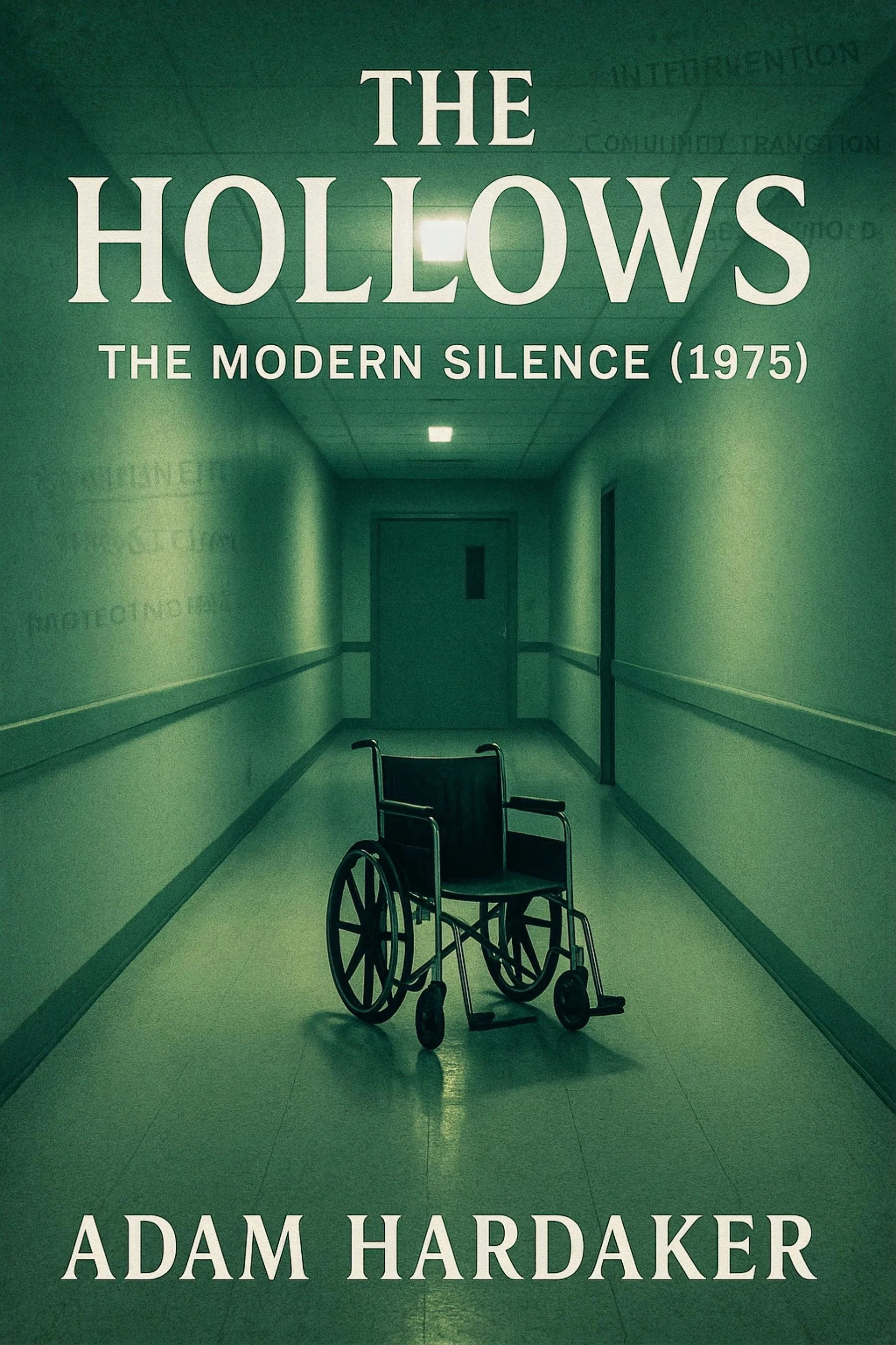 A hospital corridor with a wheelchair in the center of the hallway and the book title 'The Holows: The Modern Silence (1975)' and author 'Adam Hardaker' superimposed on the image.