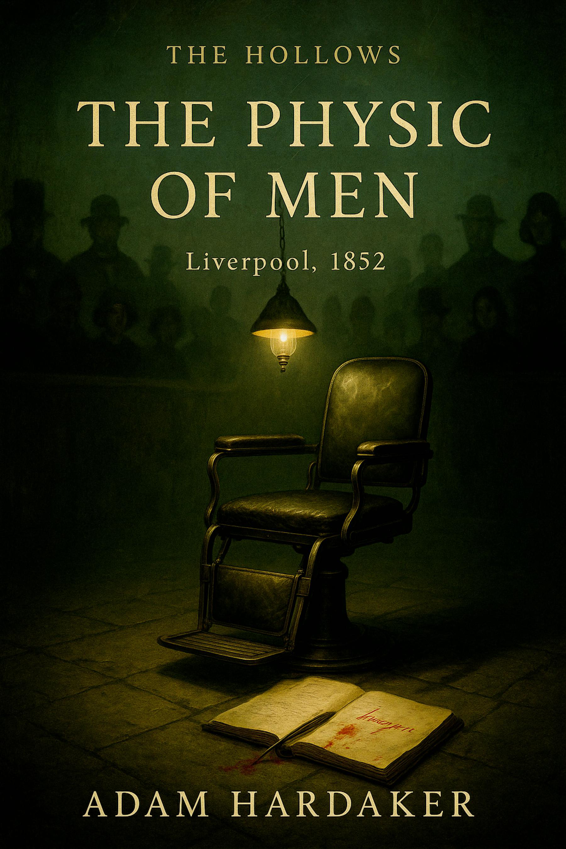 A dark, eerie scene featuring a vintage black chair in front of a green wall with the title 'The Hollows: The Physics of Men' and the author 'Adam Hardaker'. A small hanging lamp casts a dim light, illuminating an open book with bloodstains on the pages, and a list or manuscript on the floor.