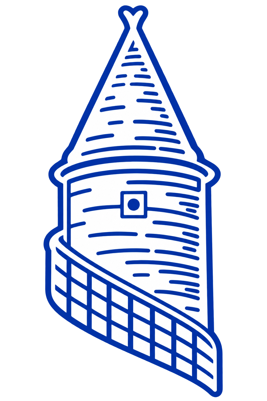 Illustration of a building with a pointed tower at the top, featuring a spiral ramp wrapping around it.