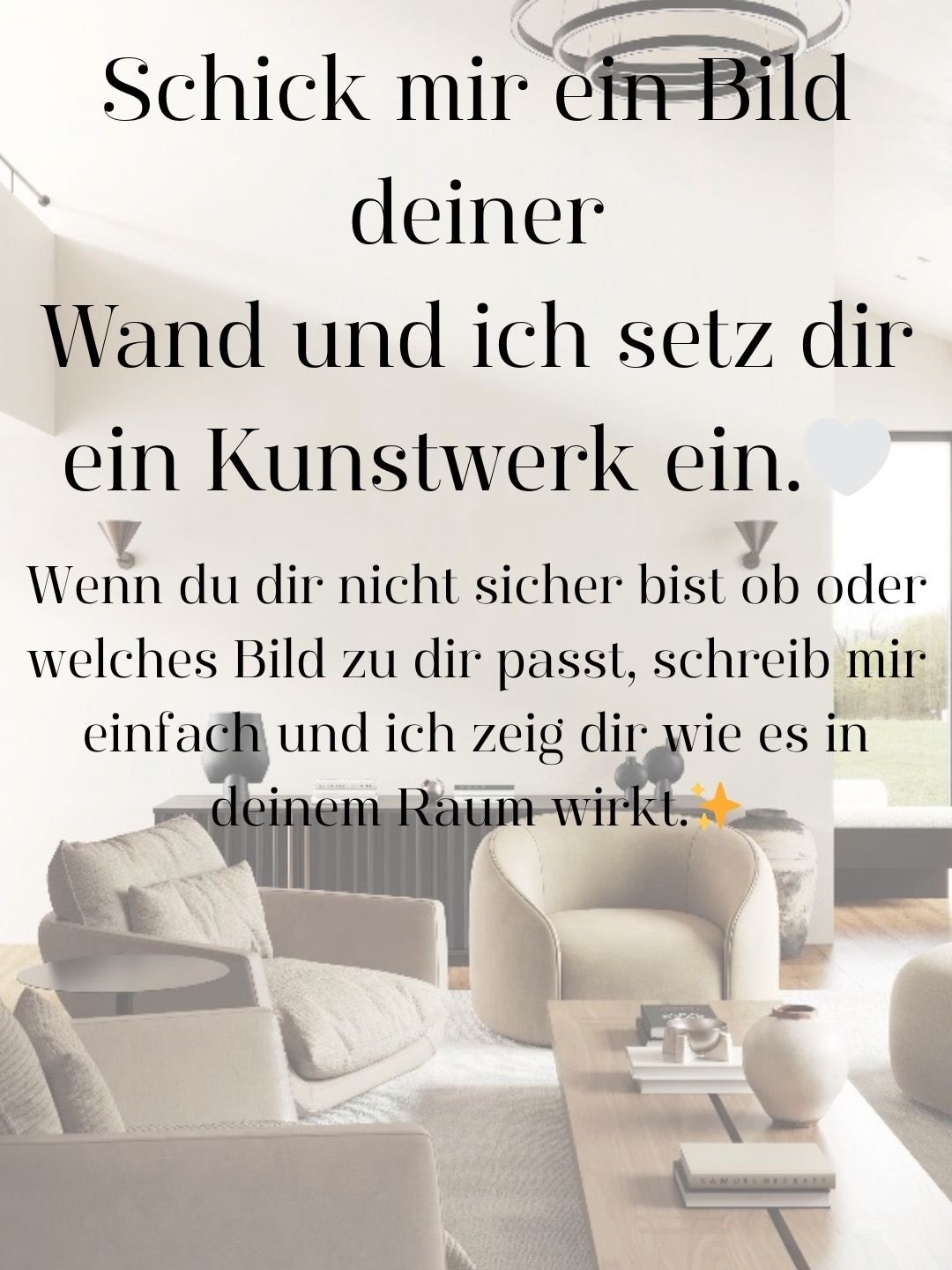 Not sure which artwork fits your space? / Unsicher, welches Bild zu dir passt? 🤍

Schick mir einfach ein Foto deiner Wand
and I&rsquo;ll place one of my artworks directly into your room. ✨

So siehst du,
wie Kunst wirkt &ndash;
wie sie den Raum ver&