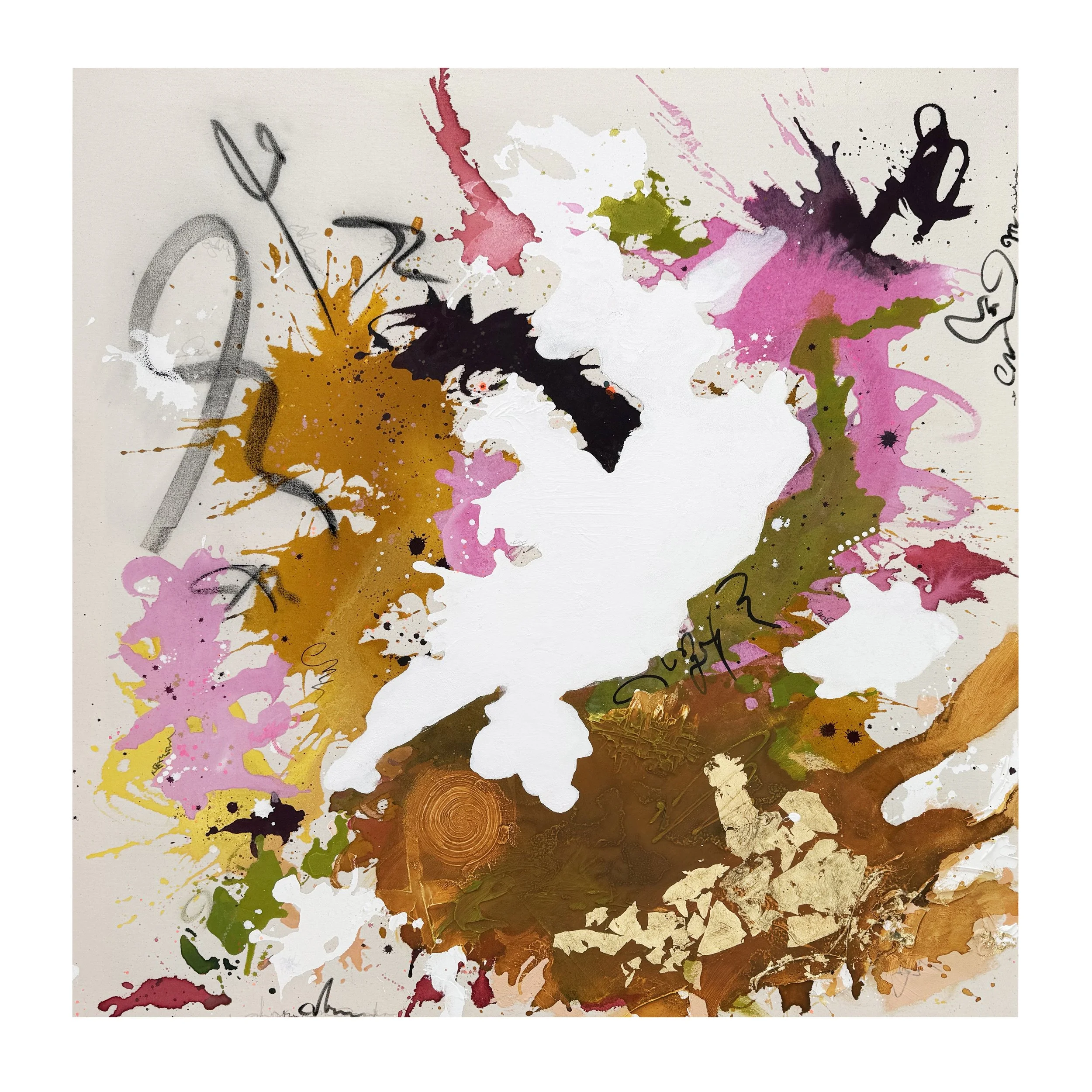 Abstraktes Gemälde mit Farbspritzern in Schwarz, Pink, Orange, Grün und Weiß, ergänzt durch Handzeichnungen und Text. Nachhaltiges Konzept.