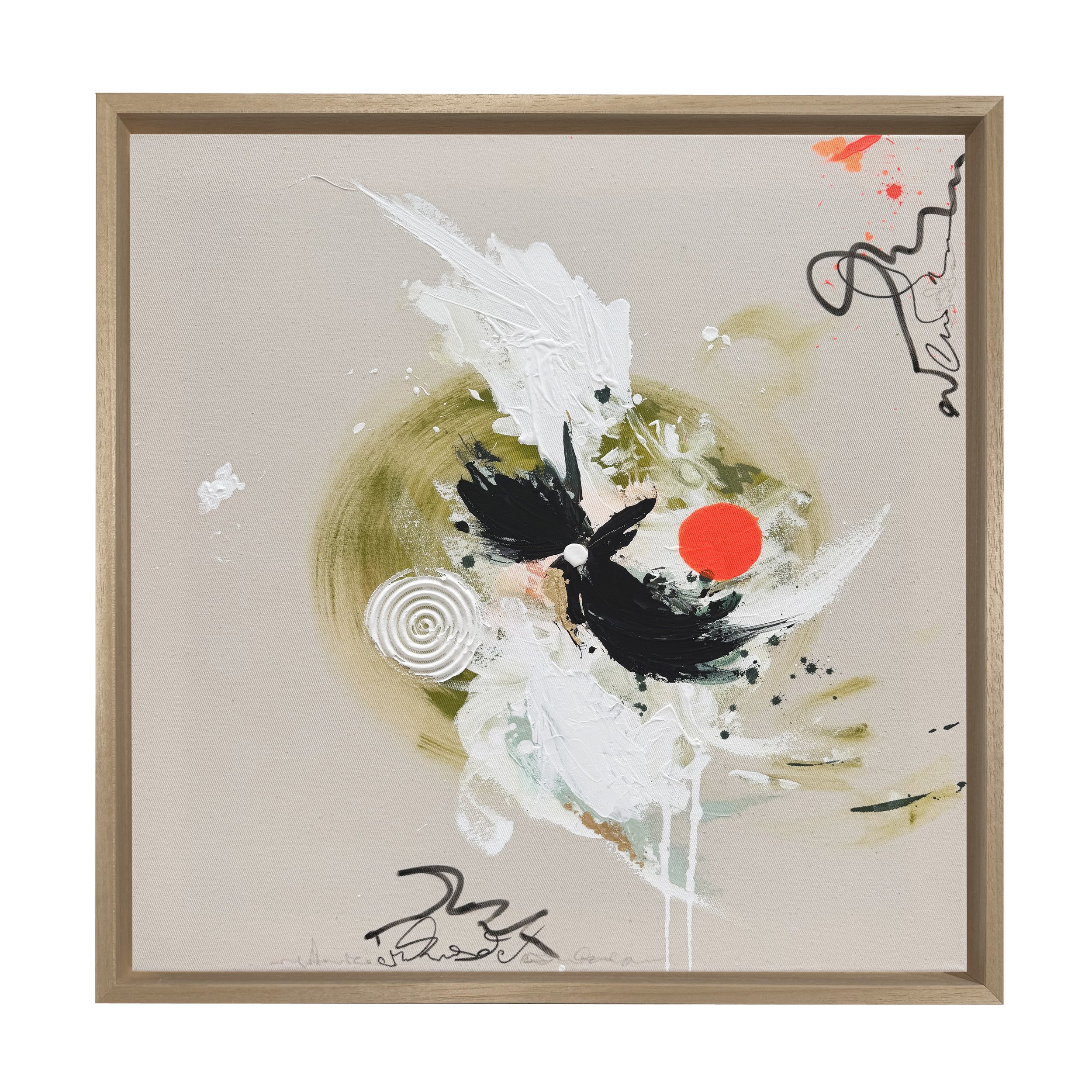 Abstraktes Gemälde mit Schwarz, Weiß, Grün und Rot, mit mehreren Farbklecksen und Spritzern, inklusive einer roten Punktmarkierung.