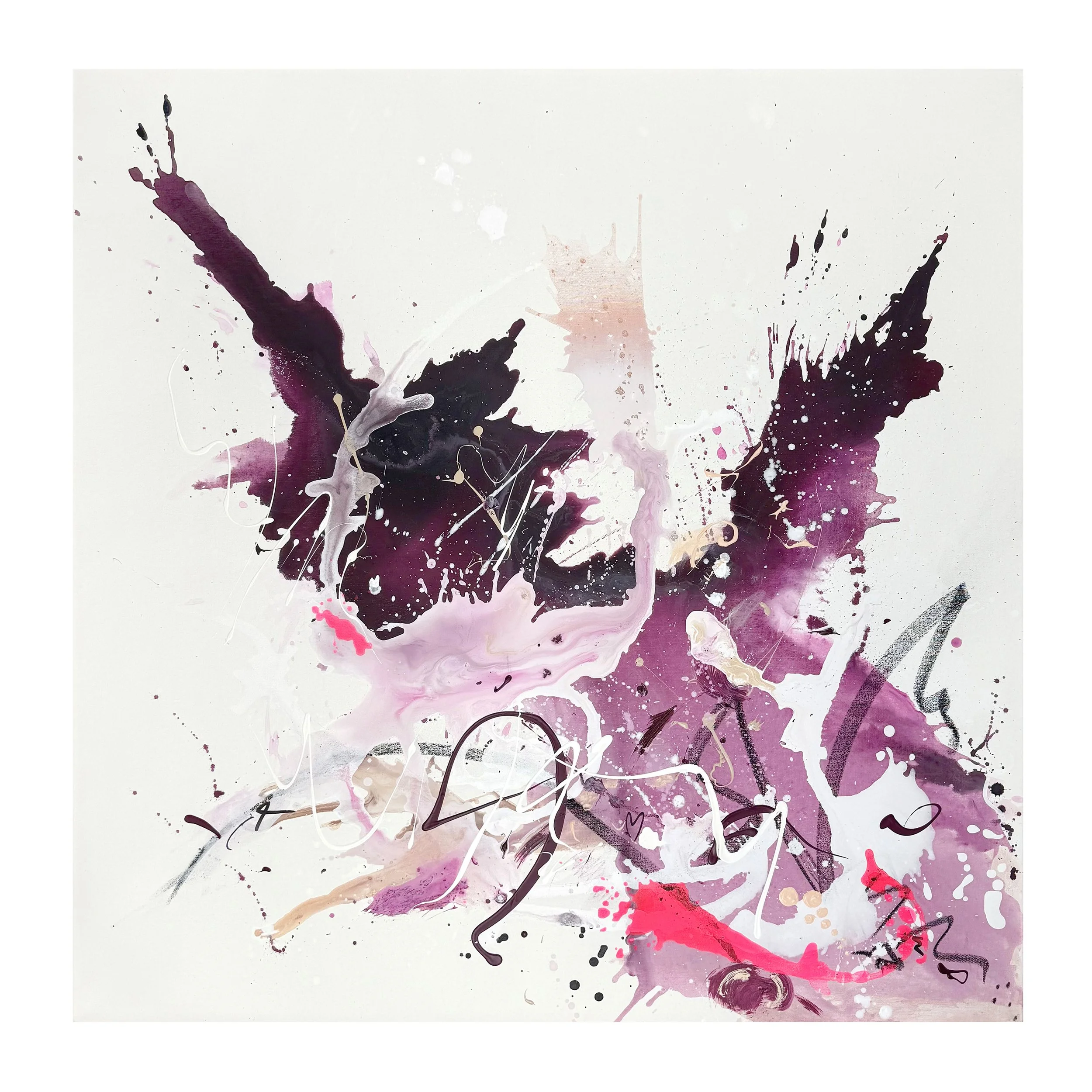 Abstraktes Gemälde mit pink, lila, schwarz und weißen Farbspritzern und Linien auf weißem Hintergrund.