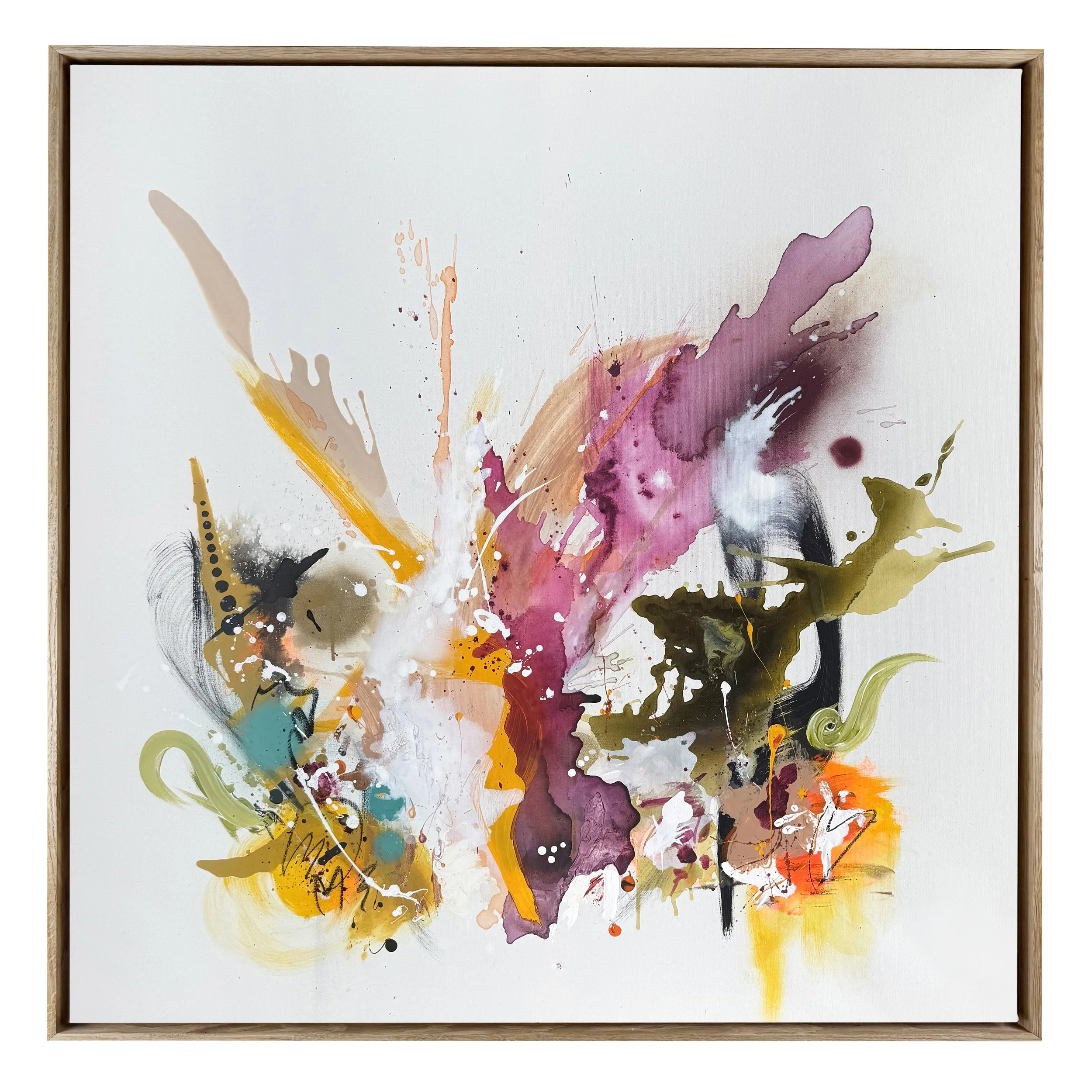 Abstrakte Farbmalerei mit Splatters und Pinselstrichen in verschiedenen Farben auf weißem Hintergrund, eingerahmt in Holzrahmen.