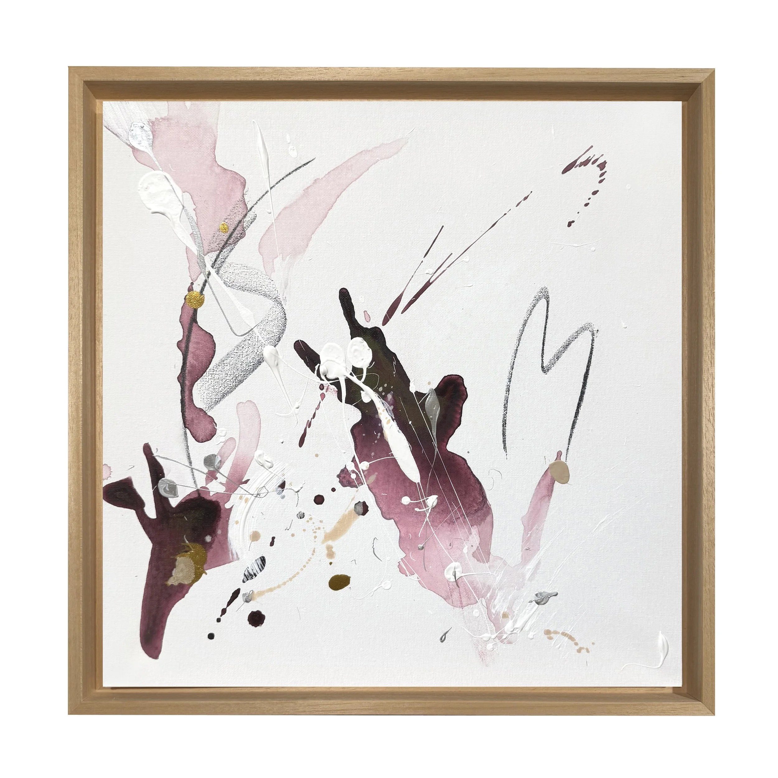 Abstraktes Gemälde mit rosa, weißen, schwarzen und goldenen Farbspritzern und Linien, in einem Holzrahmen.