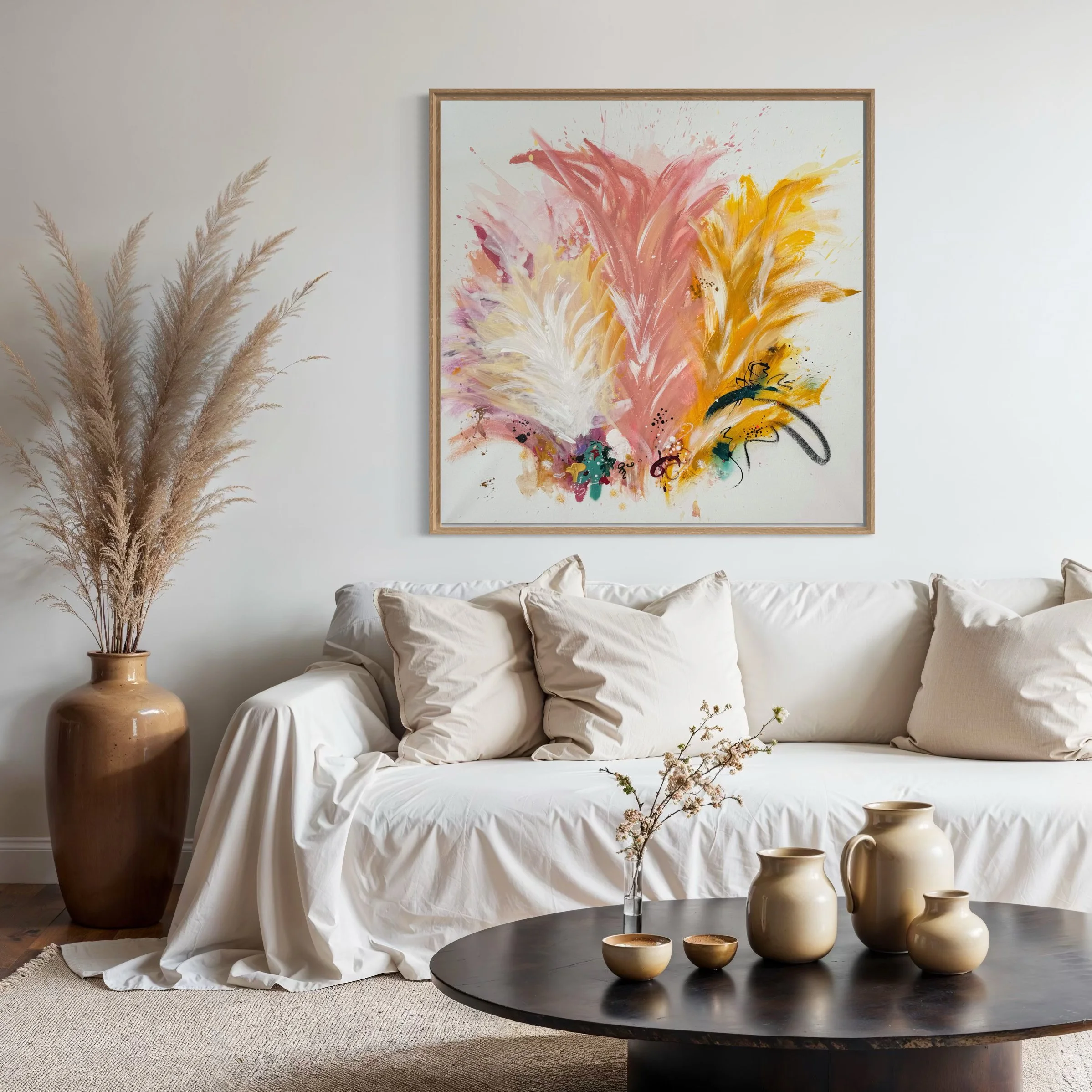 Wohnzimmer mit weißen Sofa, großem beige Vasen mit Pampasgras, abstraktem Wandbild in Pastellfarben, dunklem Couchtisch mit Keramikvasen und Zweig mit Blumen.