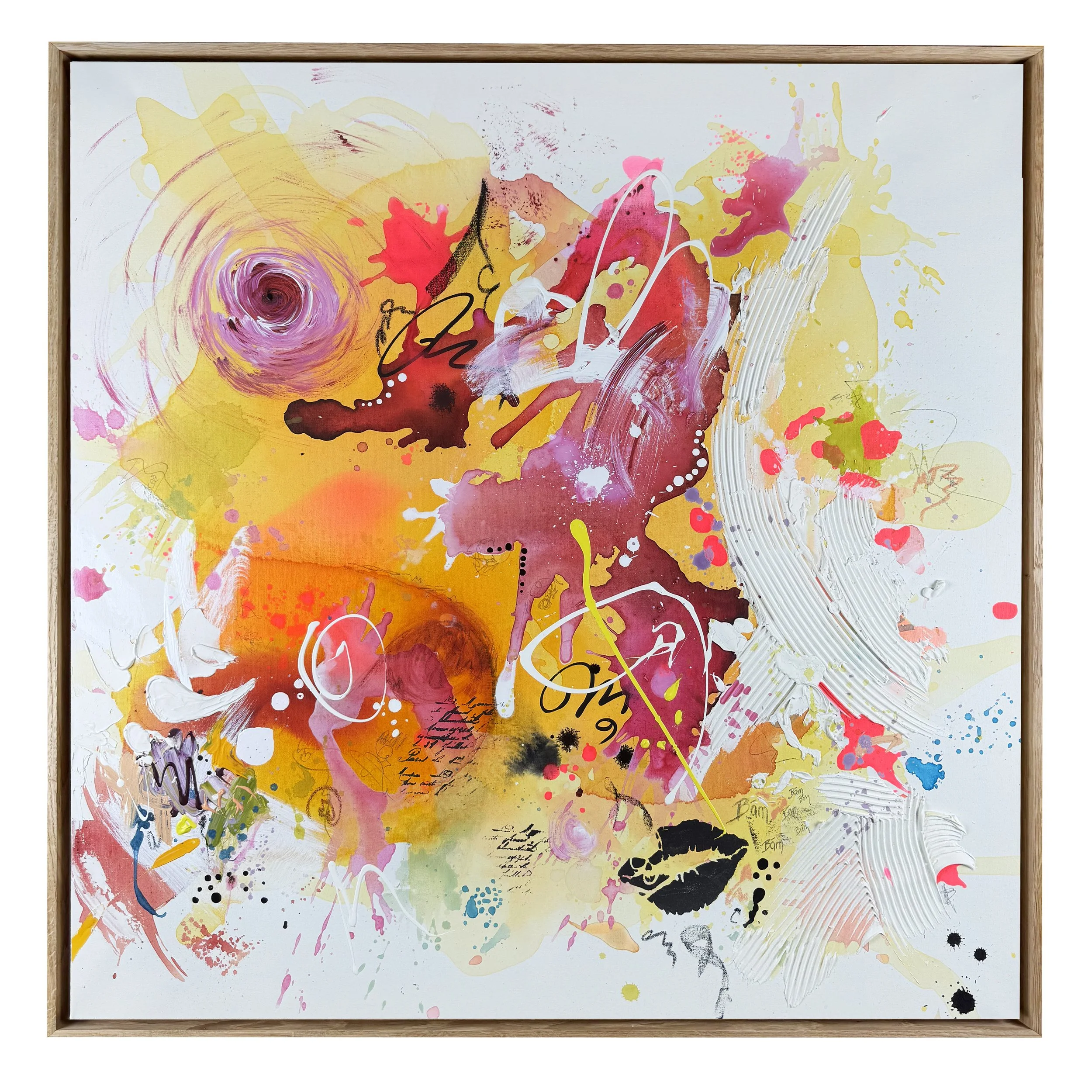 Abstraktes Gemälde mit bunten Farbklecksen, Linien und Texturen in Rosa, Gelb, Orange, Schwarz, Weiß, Blau und Grün, gerahmt in Holz.