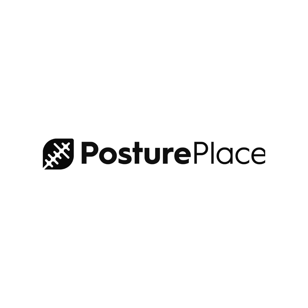 Logo with the words 'PosturePlace' and a leaf icon with stitched lines inside, on a white circular background.