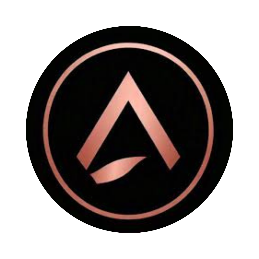 A dark circular logo with a stylized rose gold letter 'A' inside, surrounded by a thin rose gold circle.