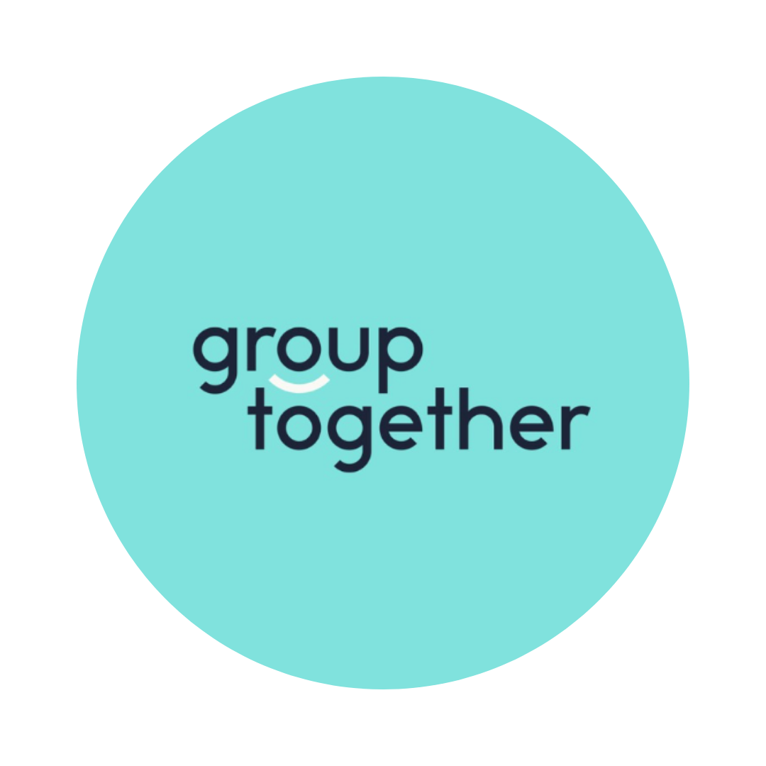 Light blue circular logo with the words "group together" in dark blue font.