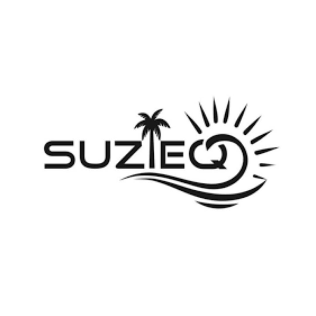 Black and white logo with the word 'SUZIE' under a palm tree, sun rays, a wave, and a swirl.