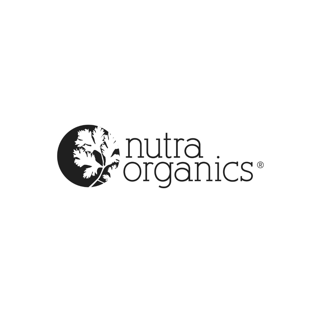 Logo of Nutra Organics featuring a stylized leaf within a circle, with the brand name in lowercase letters to the right.