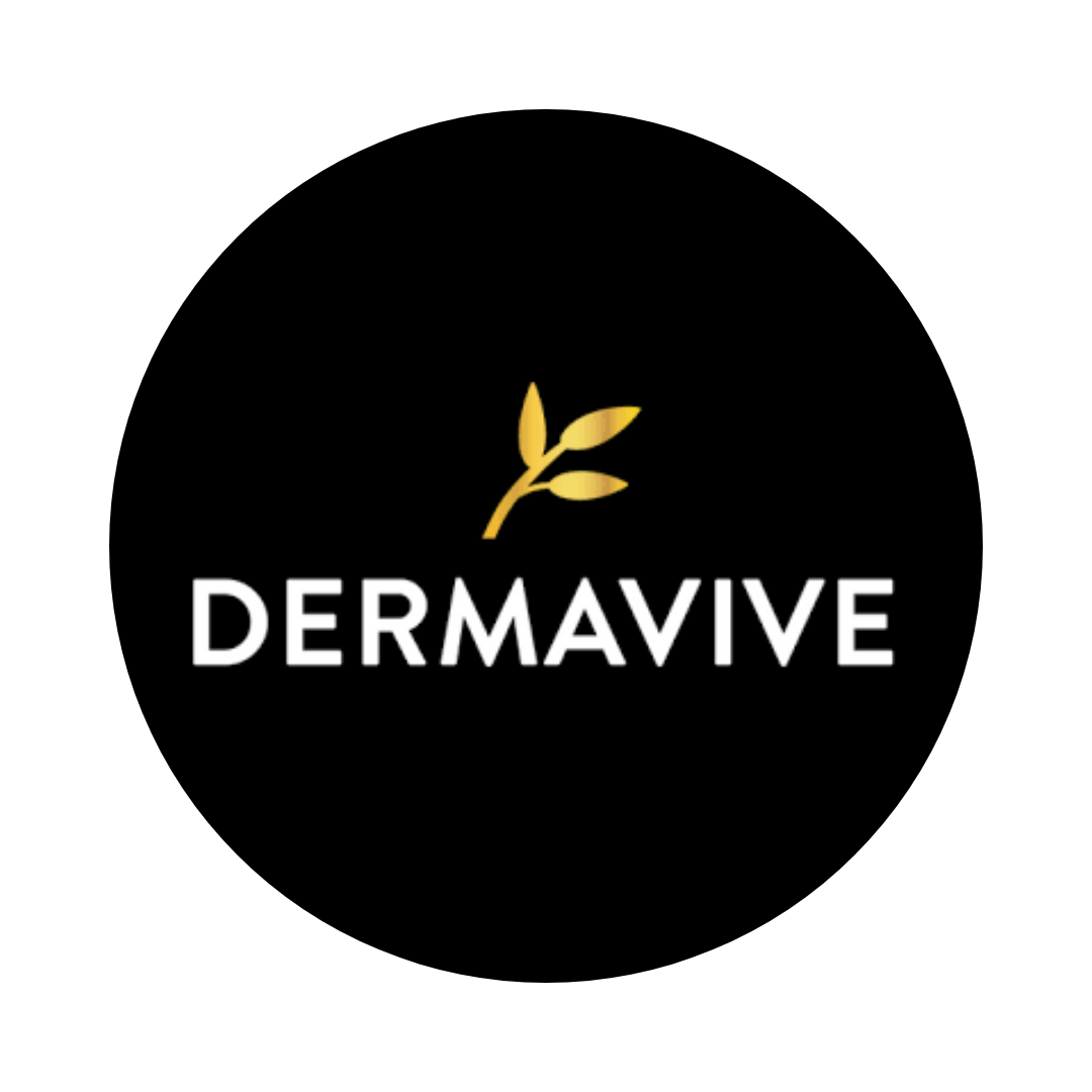 Black background with a gold leaf design above the white text 'DERMAVIVE'.