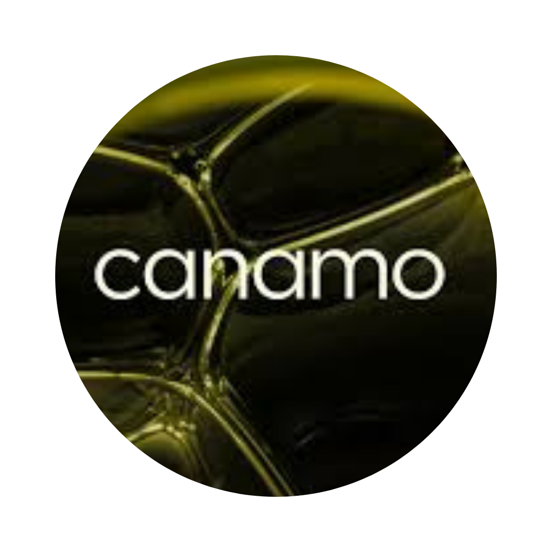 Close-up of a black bicycle or motorcycle with the word 'canamo' overlaid in white text.