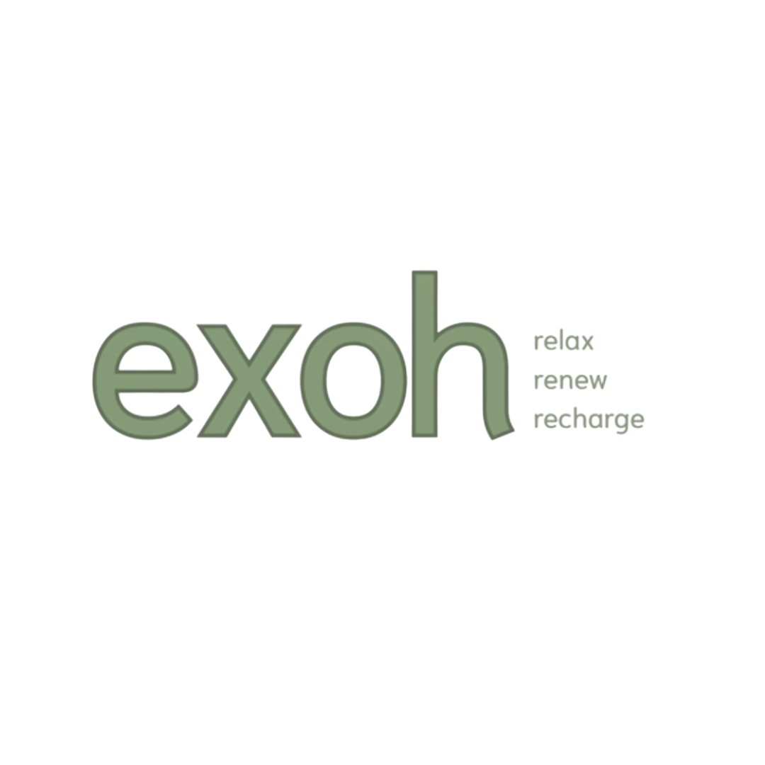 The word 'exoh' in large green letters with smaller words 'relax,' 'renew,' and 'recharge' beside it, suggesting themes of relaxation and rejuvenation.