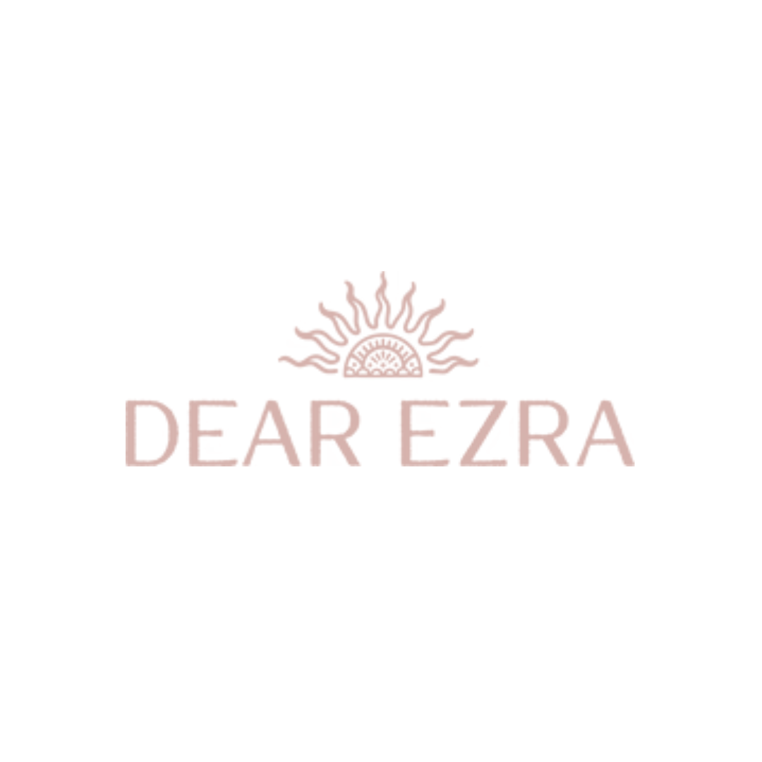 A logo with a stylized sun and the text "Dear Ezra" in pink.