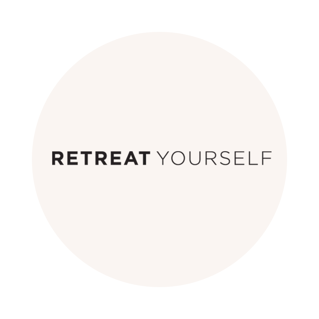 Circle with the words "RETREAT YOURSELF" inside, with "RETREAT" in bold black font and "YOURSELF" in regular black font.