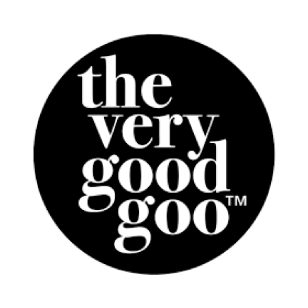 Black circle with white text that reads "the very good goop".