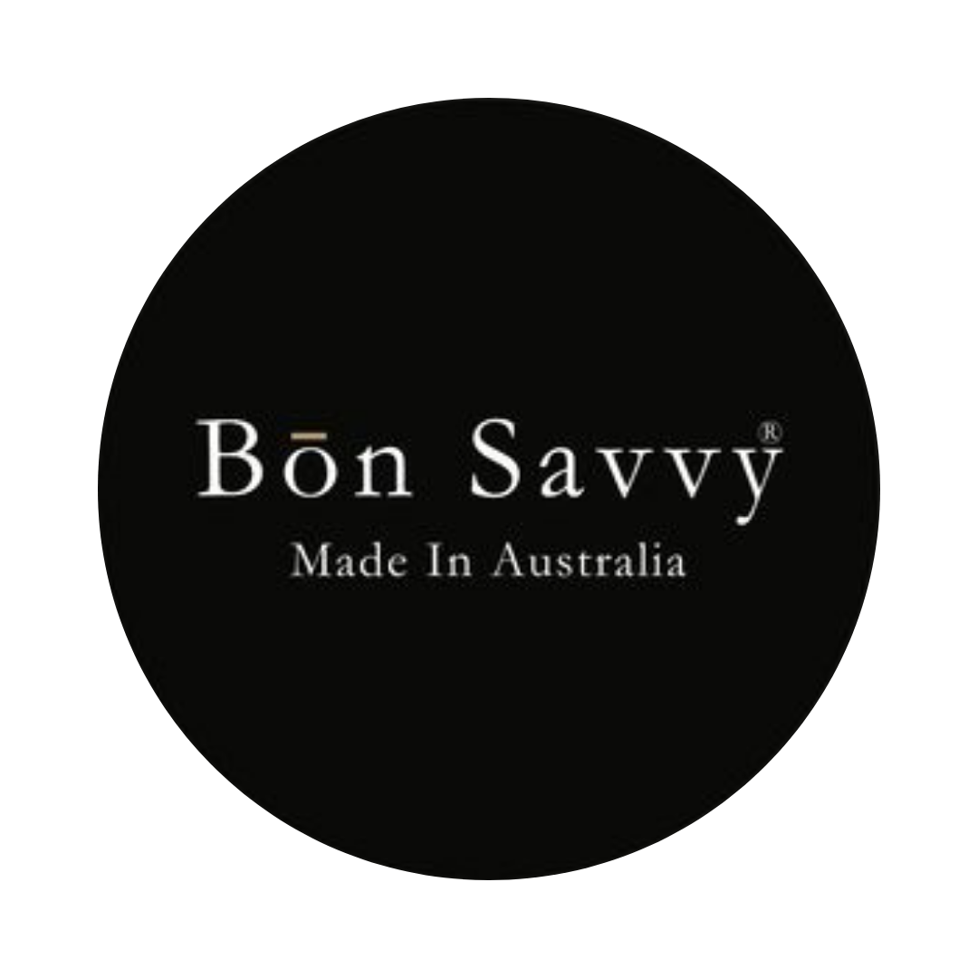 Black circular label with white text that says 'Bòn Savvy Made in Australia'.