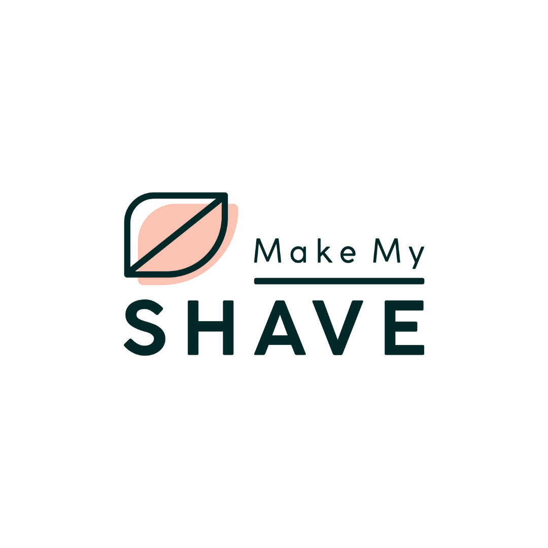 Logo for Make My Shave featuring a stylized leaf icon in pink and dark green with the text "Make My SHAVE" in dark green.