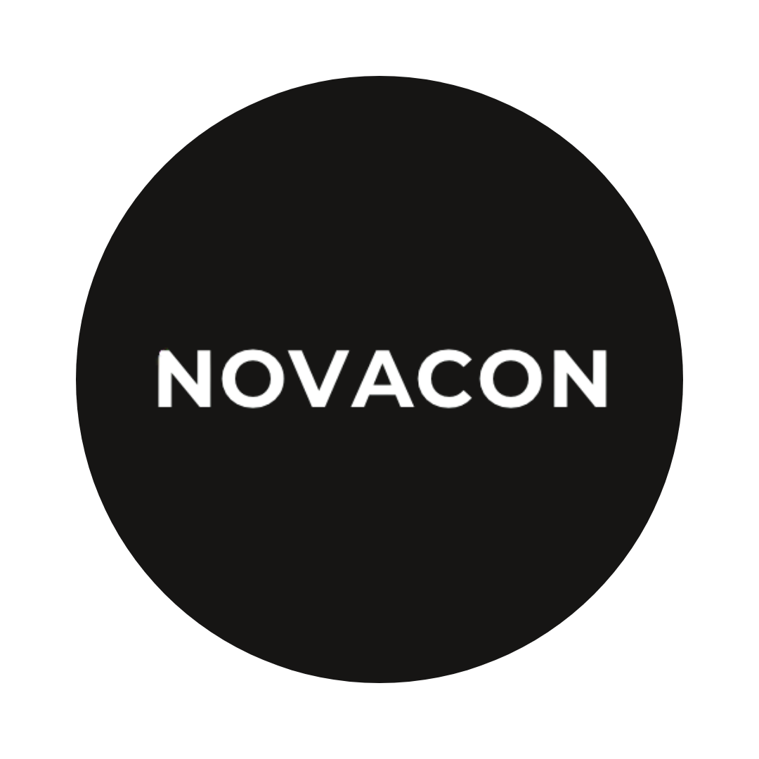 Black circle with the word 'NOVACON' in white capital letters in the center.