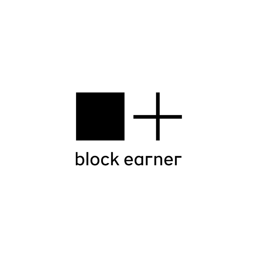 Logo with a black square and a plus sign, and text reading 'block earner'.