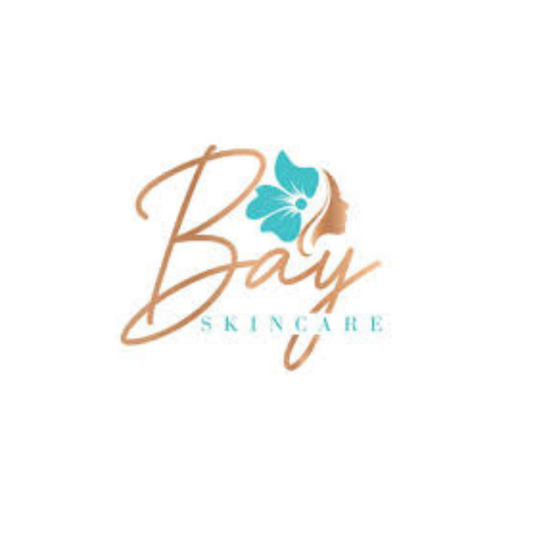 Logo for Bay Skin Care featuring a blue flower and a woman's silhouette with flowing hair.