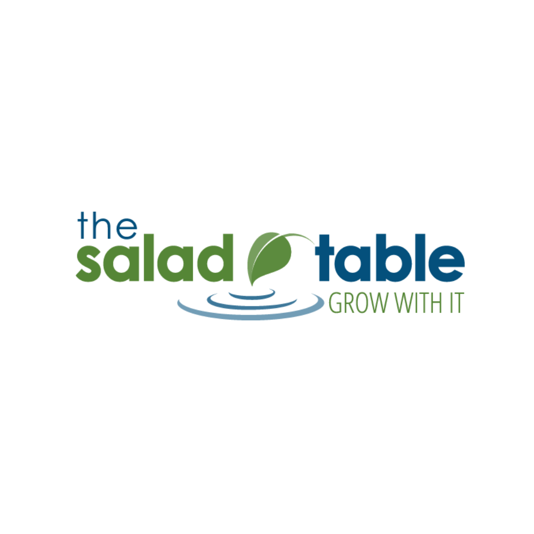 Logo for 'The Salad Table' featuring a leaf and water ripple with the tagline 'Grow with It'.