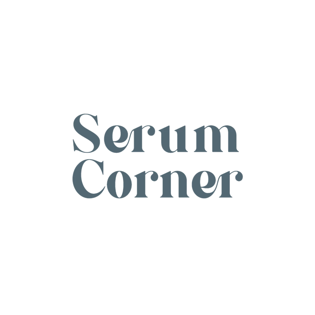 Text that reads 'Serum Corner' on a white background with a black arrow-shaped design on the left.