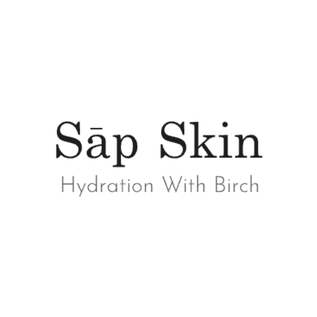 Label for a skincare product named 'Sap Skin' with the tagline 'Hydration With Birch' in black and gray text on a white background.