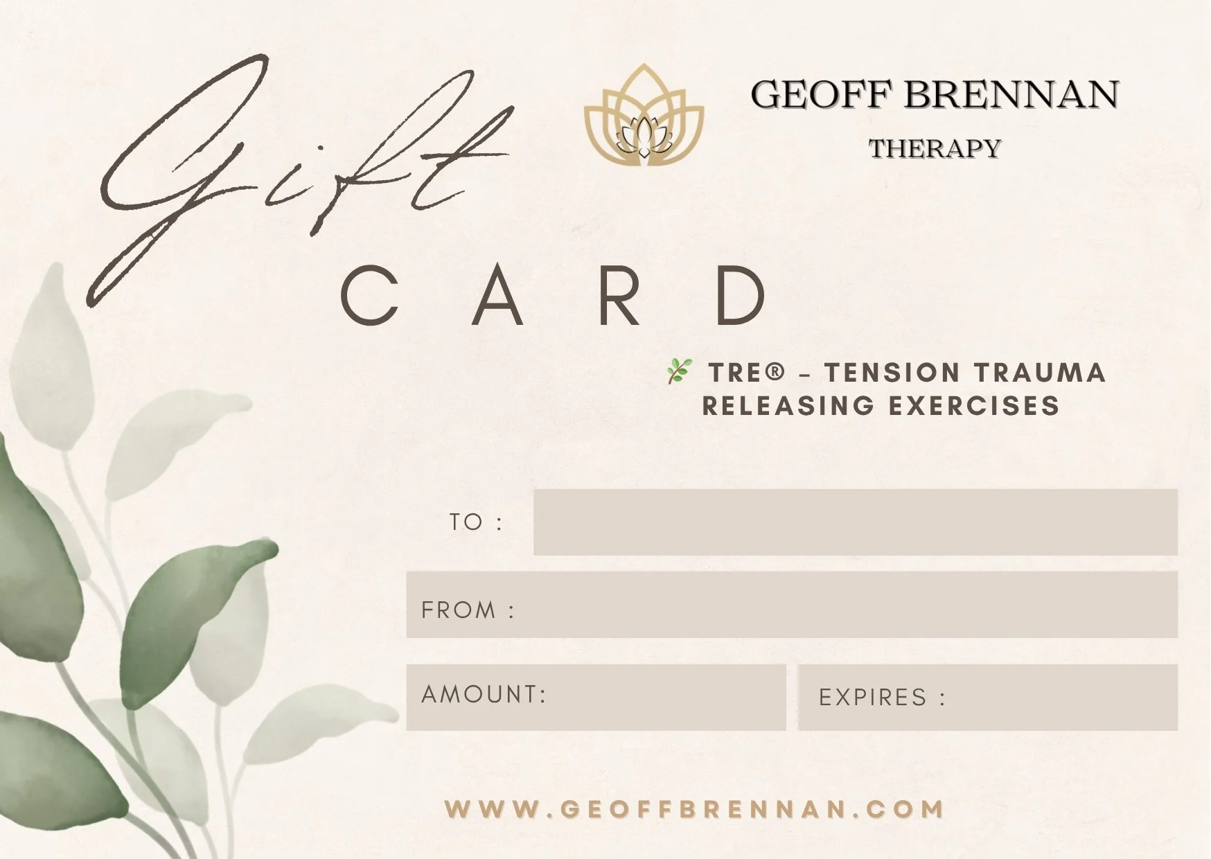 TRE® session gift card – Tension and Trauma Releasing Exercises for stress relief, calm, and emotional balance.