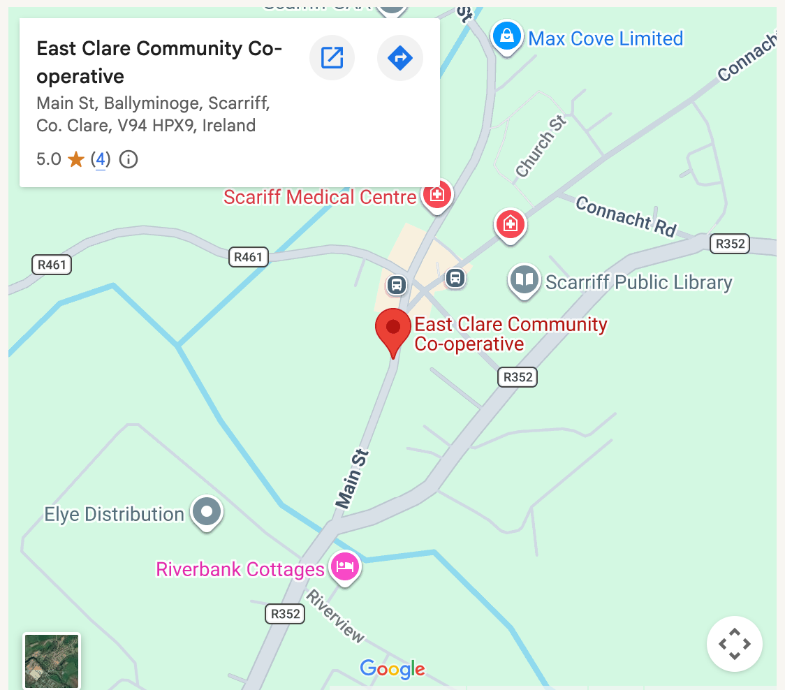 Map of East Clare Community Co-operative in Ballyminoge, Scarriff, Ireland, showing nearby landmarks including Scariff Medical Centre, Scariff Public Library, Riverbank Cottages, and nearby roads and streams.